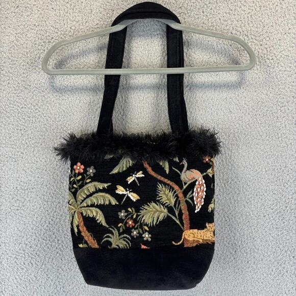 Vtg Tapestry Purse Floral Embroidery Velvet Leopard Peacock Dragonfly 80s Boho - Picture 3 of 13